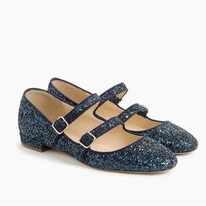 J Crew Sparkling Blue Double Strap Mary Jane Flats